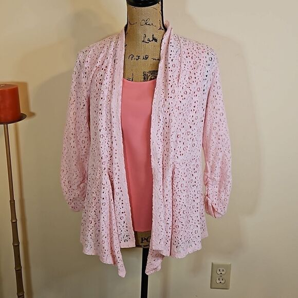Liz Baker dark pink tank top 12P + Kim Rogers pink eyelet cardigan size PM - Picture 1 of 16